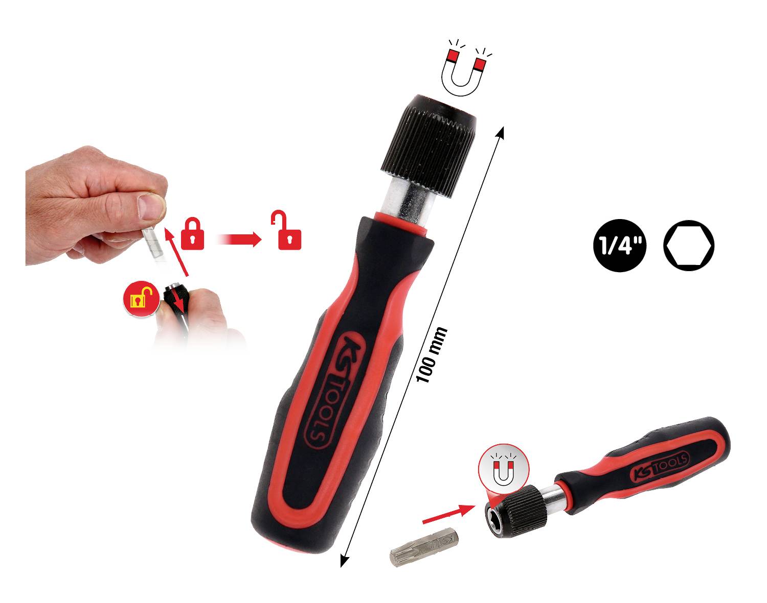 Śrubokręt z magnetycznym czubkiem do przytrzymywania bitów, o długości 100 mm, z sześciokątnym uchwytem 1/4 cala. Obraz przedstawia zastosowanie.