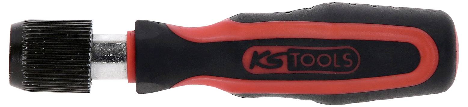 Czarny i czerwony uchwyt wkrętaka z powierzchnią gumowaną dla lepszego chwytu i komfortu.