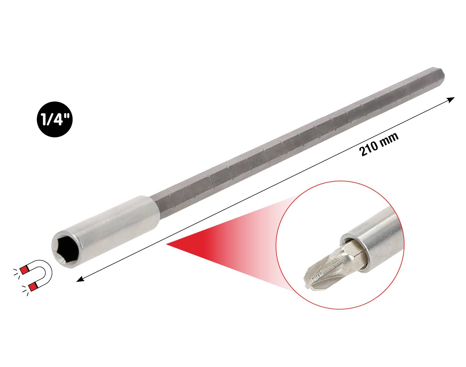 Długi magnetyczny śrubokręt, 210 mm, o średnicy 1/4 cala, zbliżenie pokazuje magnetyczny czubek.