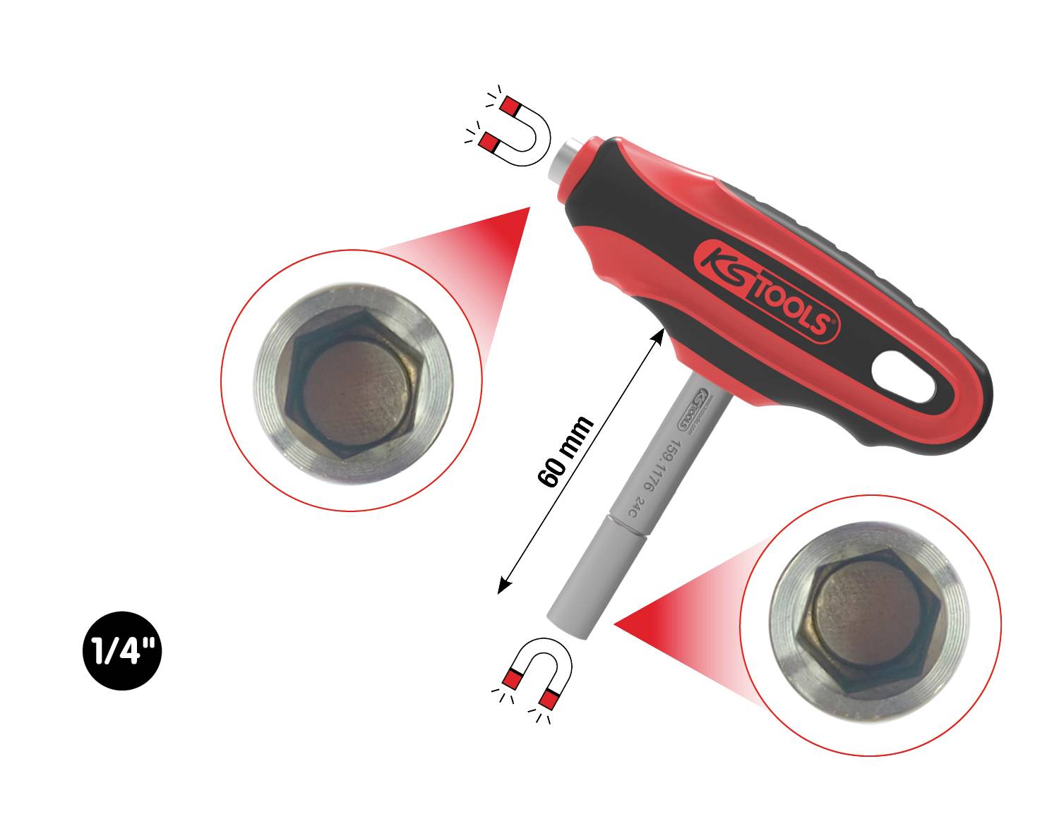 Wkrętak z uchwytem T o długości trzpienia 60 mm, z magnetycznym czubkiem. Przedstawiony z dwoma rodzajami główek śrub jako przykładami zastosowań.