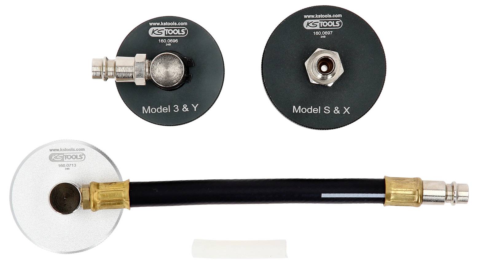 Trzy adaptery do modeli Tesla, u góry dwa okrągłe adaptery do modeli 3/Y i S/X, na dole adapter węża z przyłączem.