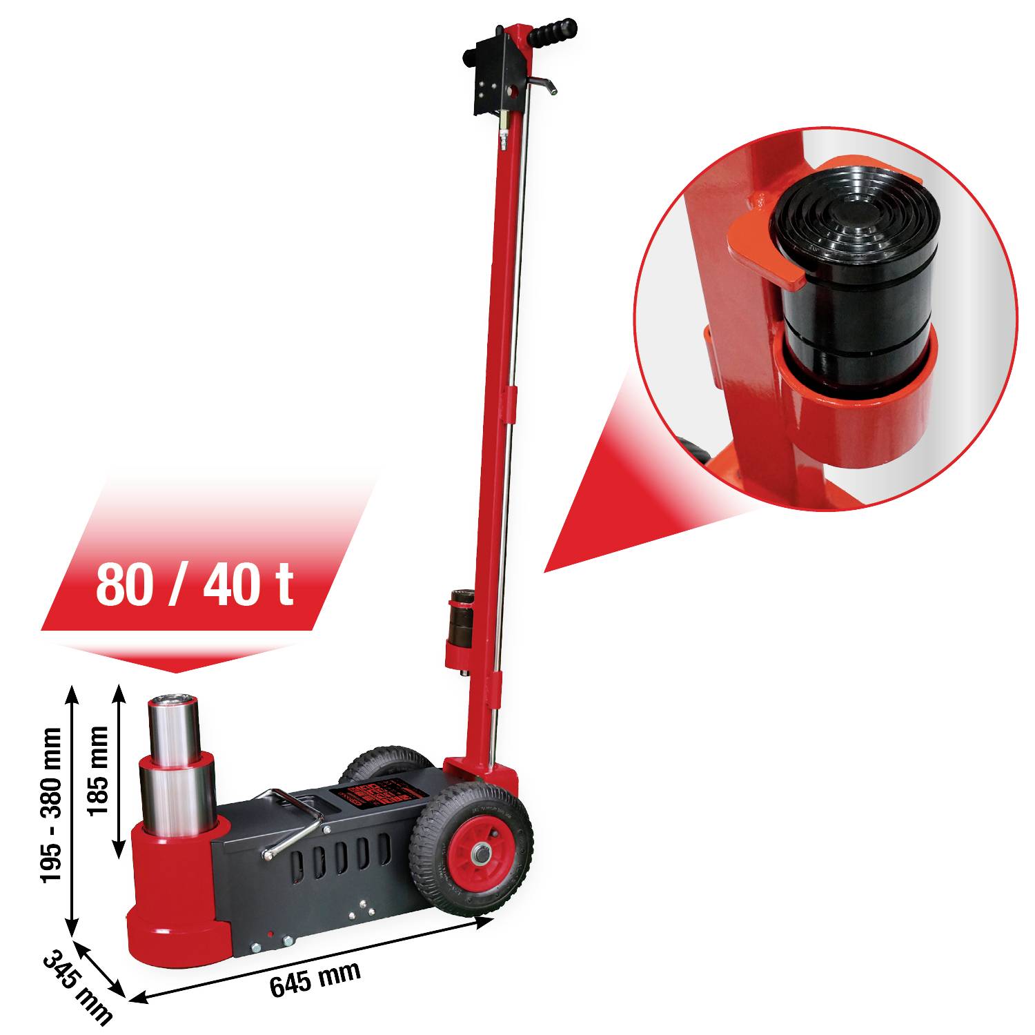 Czerwony podnośnik hydrauliczny z dwoma zakresami udźwigu: 80 ton i 40 ton. Wymiary: wysokość 195–380 mm, długość 345 mm, szerokość 645 mm.