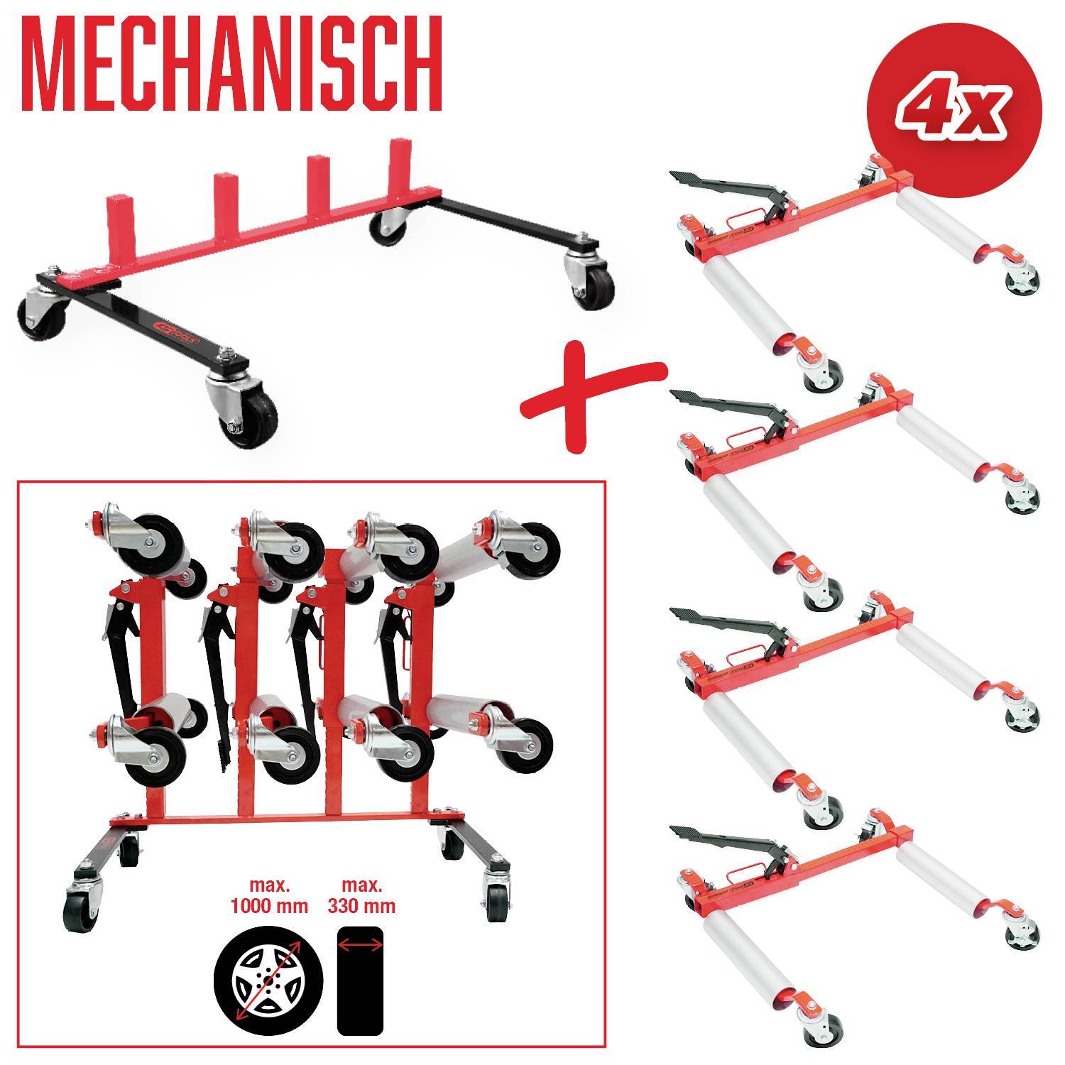 Czerwony mobilny stojak na urządzenia z czterema kółkami, idealny do narzędzi; wskazuje na pojemność dla 4 urządzeń; zawiera wymiary i liczbę zawartych jednostek.