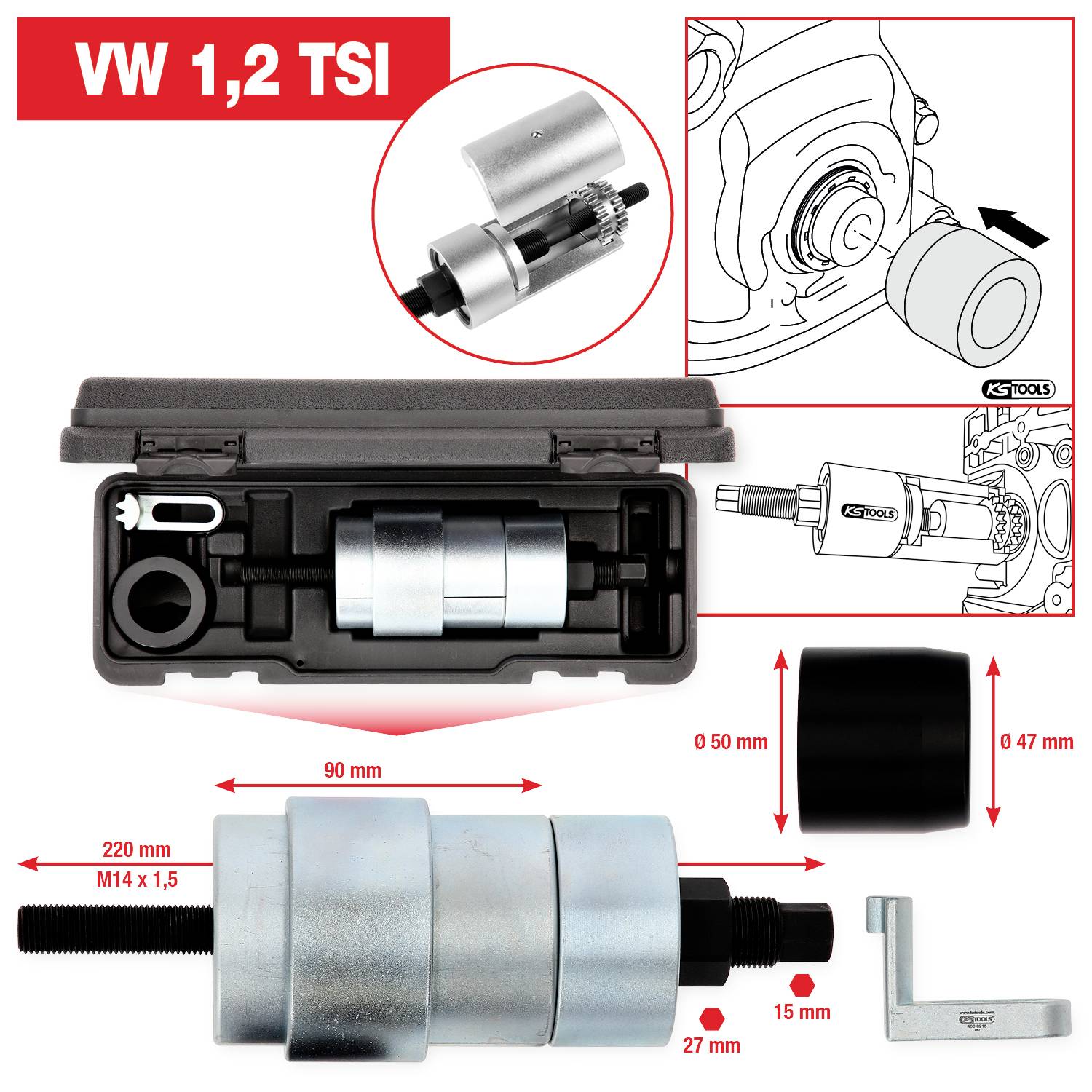 Zestaw narzędzi do demontażu koła napinacza łańcucha rozrządu w silnikach VW 1.2 TSI. Zawiera precyzyjne narzędzia w walizce.