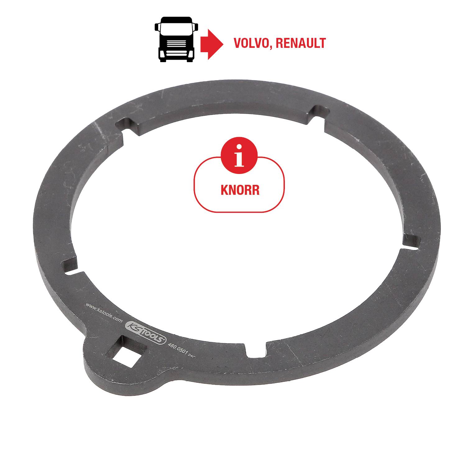 Tarcza hamulcowa do pojazdów użytkowych z oznaczeniem 'VOLVO, RENAULT' oraz 'KNORR' u góry. Okrągły metalowy element z wycięciami.