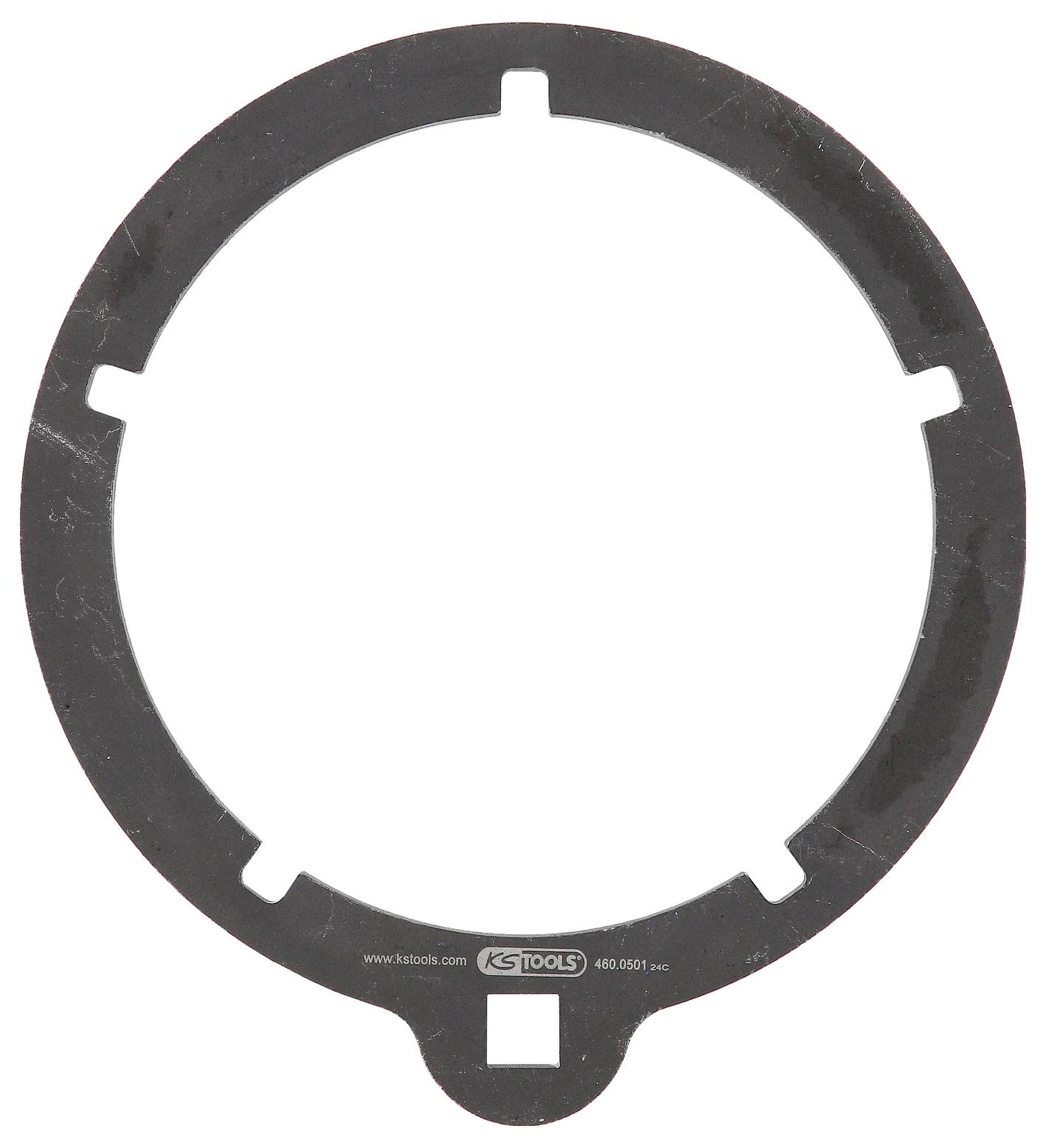Okrągły metalowy pierścień z czterema wcięciami na obrzeżu. Na dole widoczne jest małe logo oraz tekst 'www.kstools.com 460.9051 sec'.