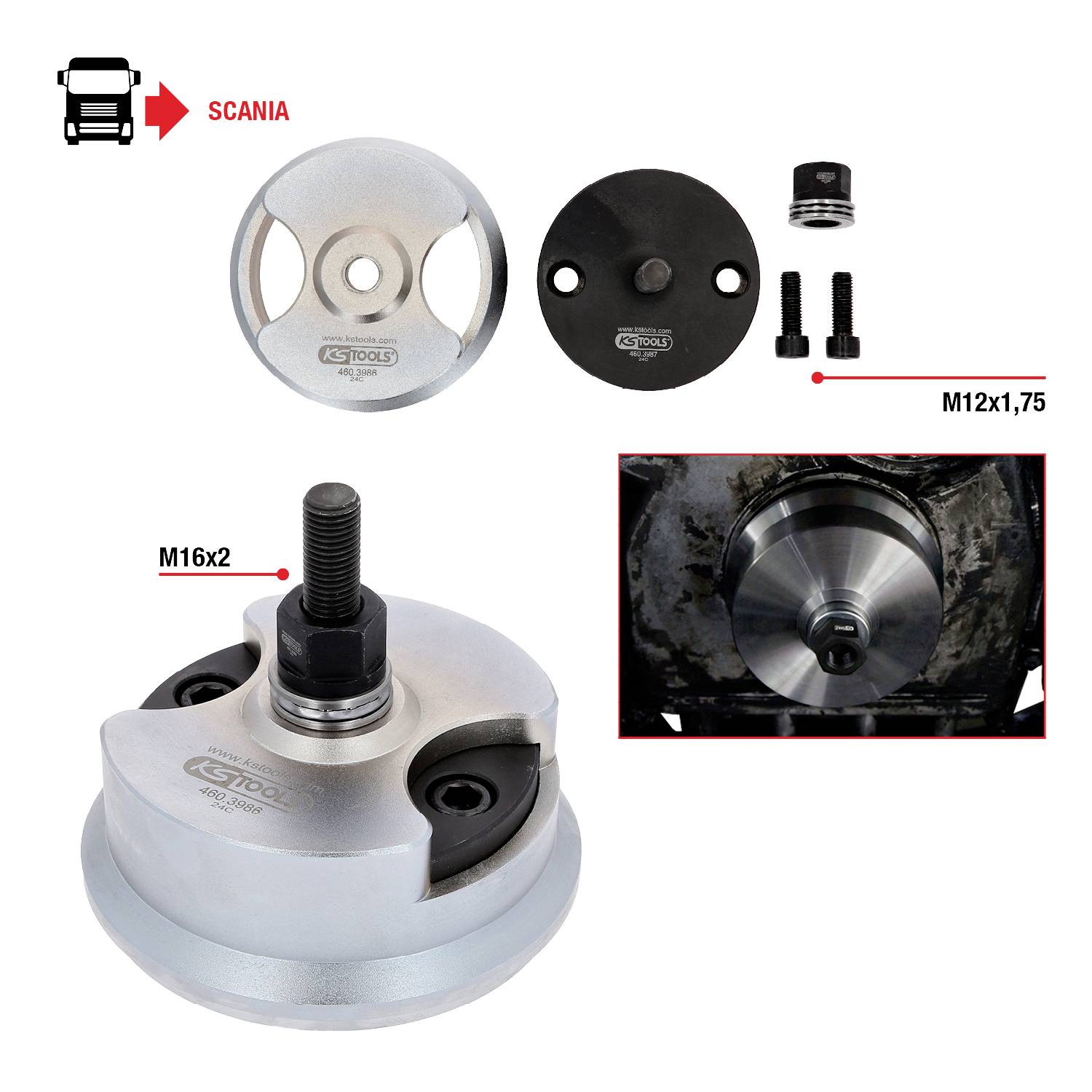 Narzędzie specjalistyczne do SCANIA, zawiera adapter M16x2 i M12x1,75. Prezentuje zastosowanie narzędzia przy hamulcu samochodu ciężarowego.