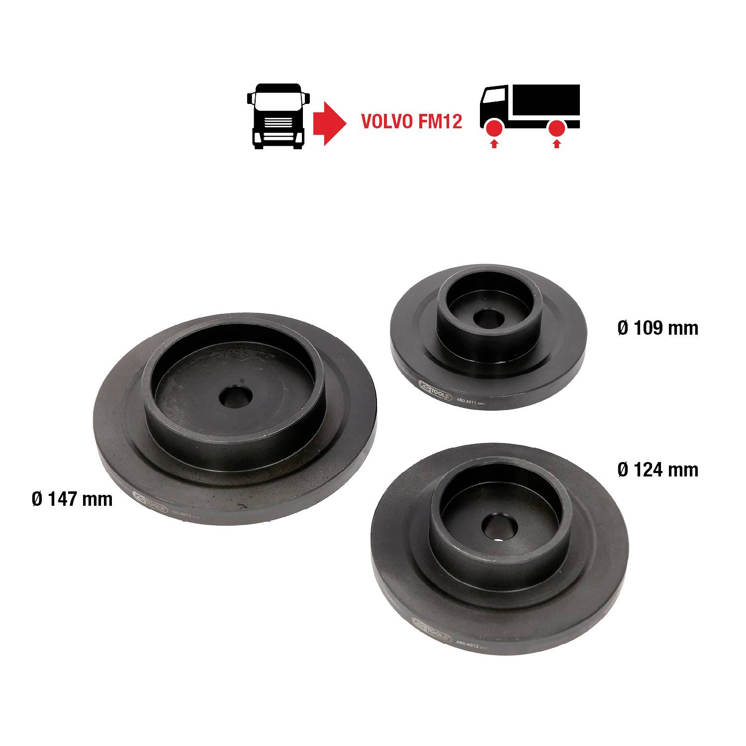 Trzy czarne elementy dystansowe w różnych rozmiarach do samochodu ciężarowego Volvo FM12. Z lewej strony Ø 147 mm, u góry po prawej Ø 109 mm, u dołu po prawej Ø 124 mm.