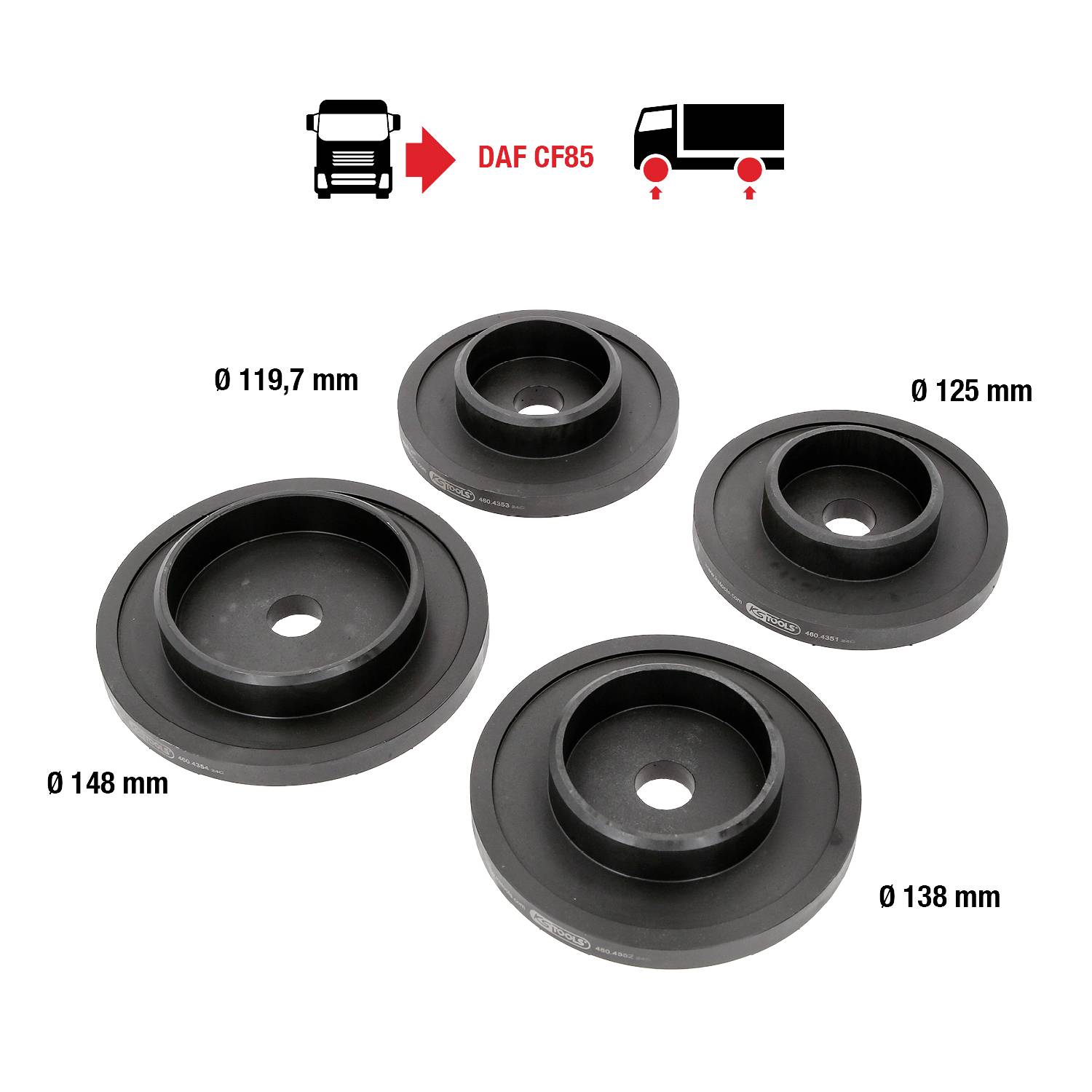 Cztery czarne pierścienie dystansowe o różnych średnicach (119,7 mm, 125 mm, 138 mm, 148 mm) do ciężarówek DAF CF85.