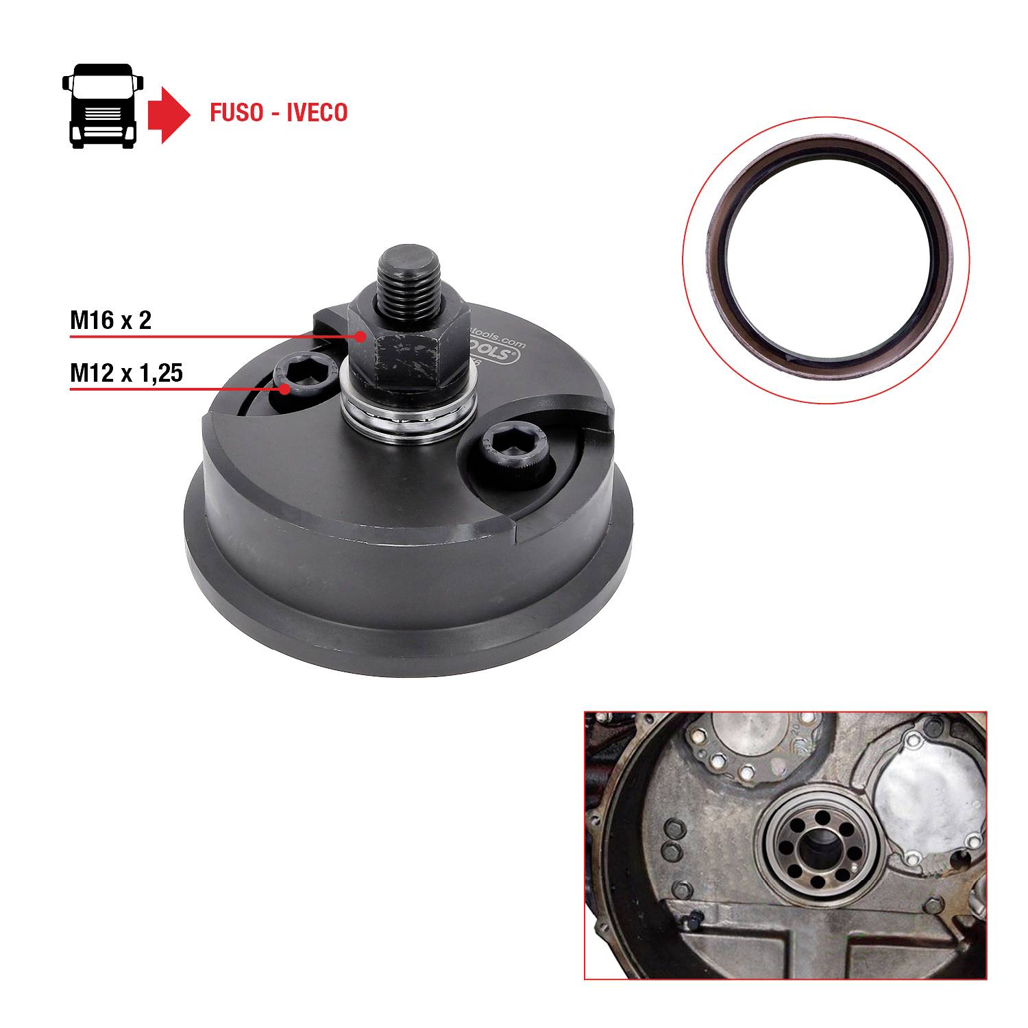Adapter z dwoma gwintami M16 i jednym gwintem M12, kompatybilny z pojazdami Fuso i Iveco. Uszczelka jest pokazana osobno.