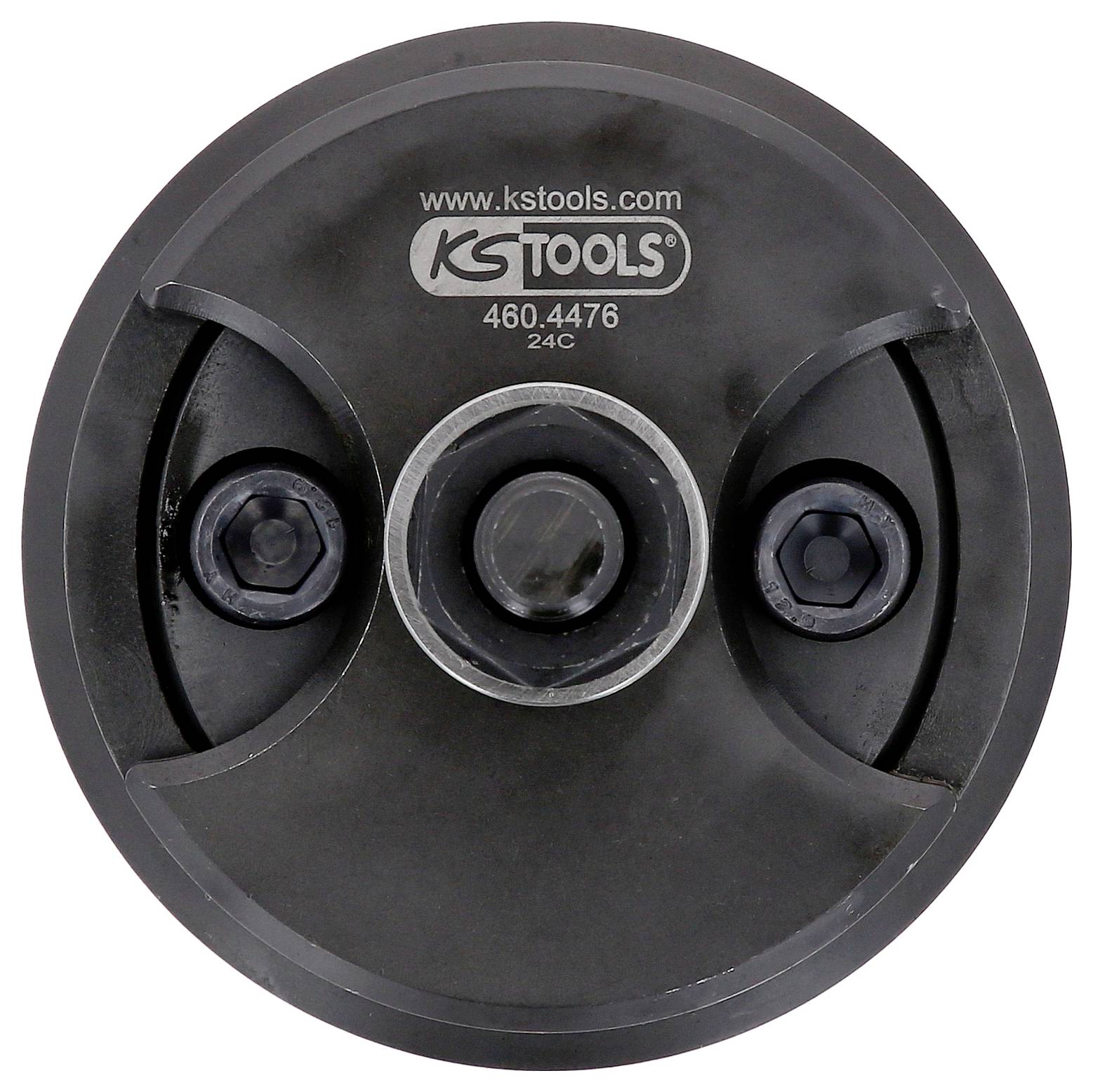 Okrągła, czarna oprawa narzędzia z dwiema centralnymi śrubami mocującymi. Widoczna nazwa marki 'KS Tools' oraz numer artykułu '460.4476'.