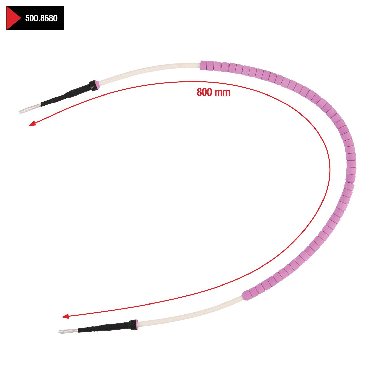 Kabel z różową izolacją, długość 800 mm, numer produktu 500.8680, strzałka wskazuje kierunek od jednego końca do drugiego.