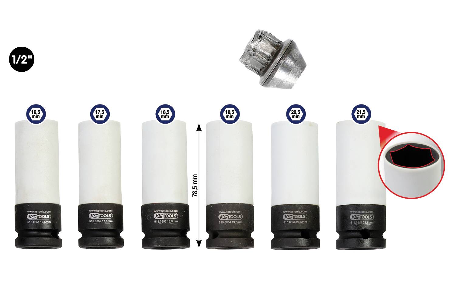Sześcioczęściowy zestaw nasadek do kluczy udarowych, przeznaczony do felg, oznaczony zakresem od 17 do 22 mm. Zbliżenie prezentuje widok wewnętrznej średnicy.