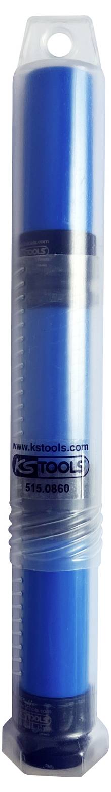 Niebieski długopis w przezroczystym opakowaniu z tworzywa sztucznego, stojący pionowo.