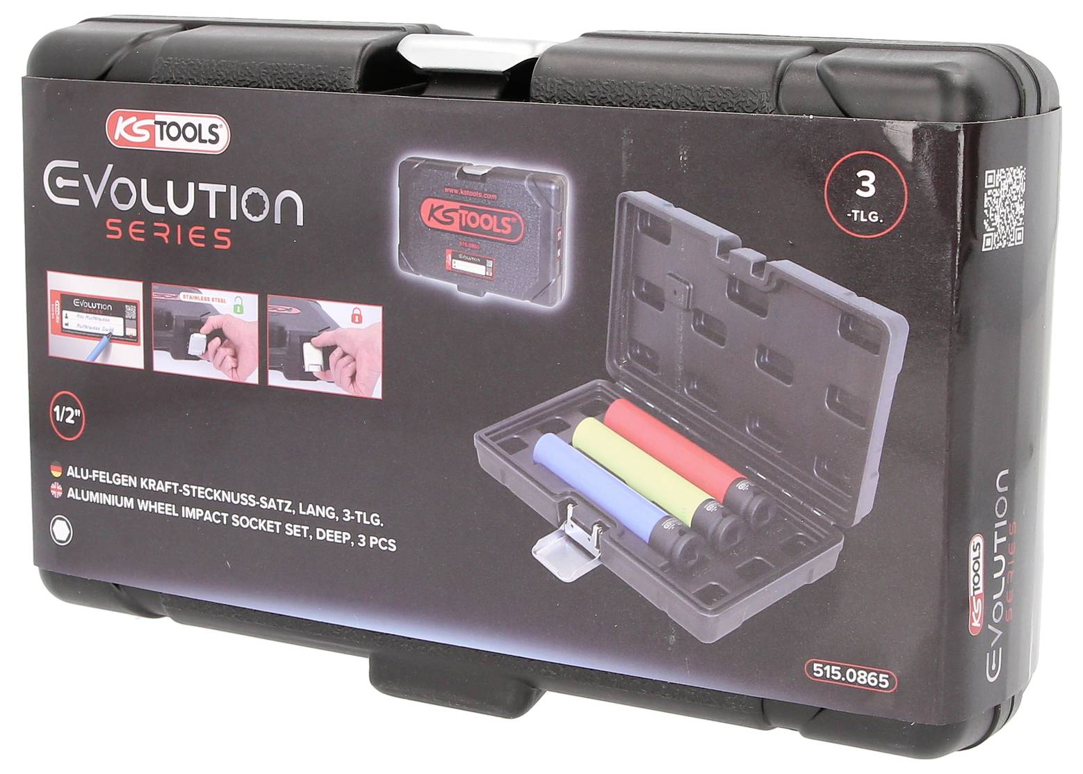 Zestaw trzech długich aluminiowych wkrętaków udarowych w otwartej czarnej skrzynce narzędziowej. Nazwa marki: KS Tools Evolution Series.