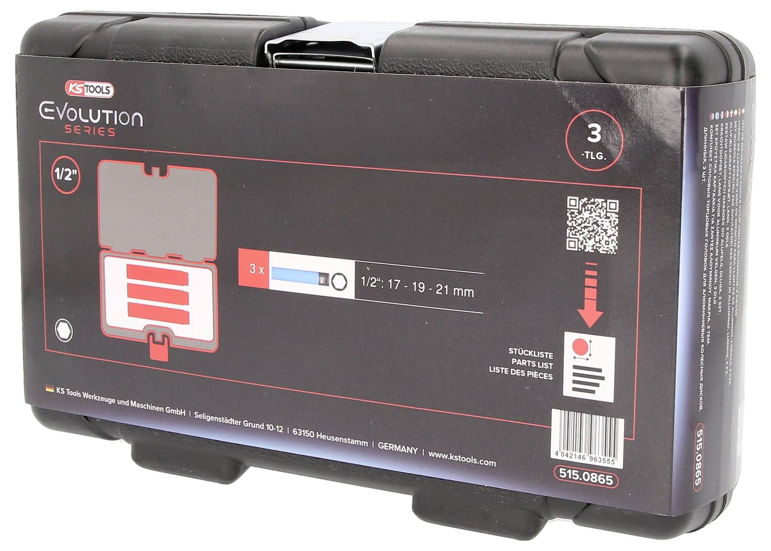 Walizka z tworzywa sztucznego z narzędziami marki KS Tools, seria Evolution. Zawiera 3 elementy o rozmiarach 1/2", 17-21 mm.