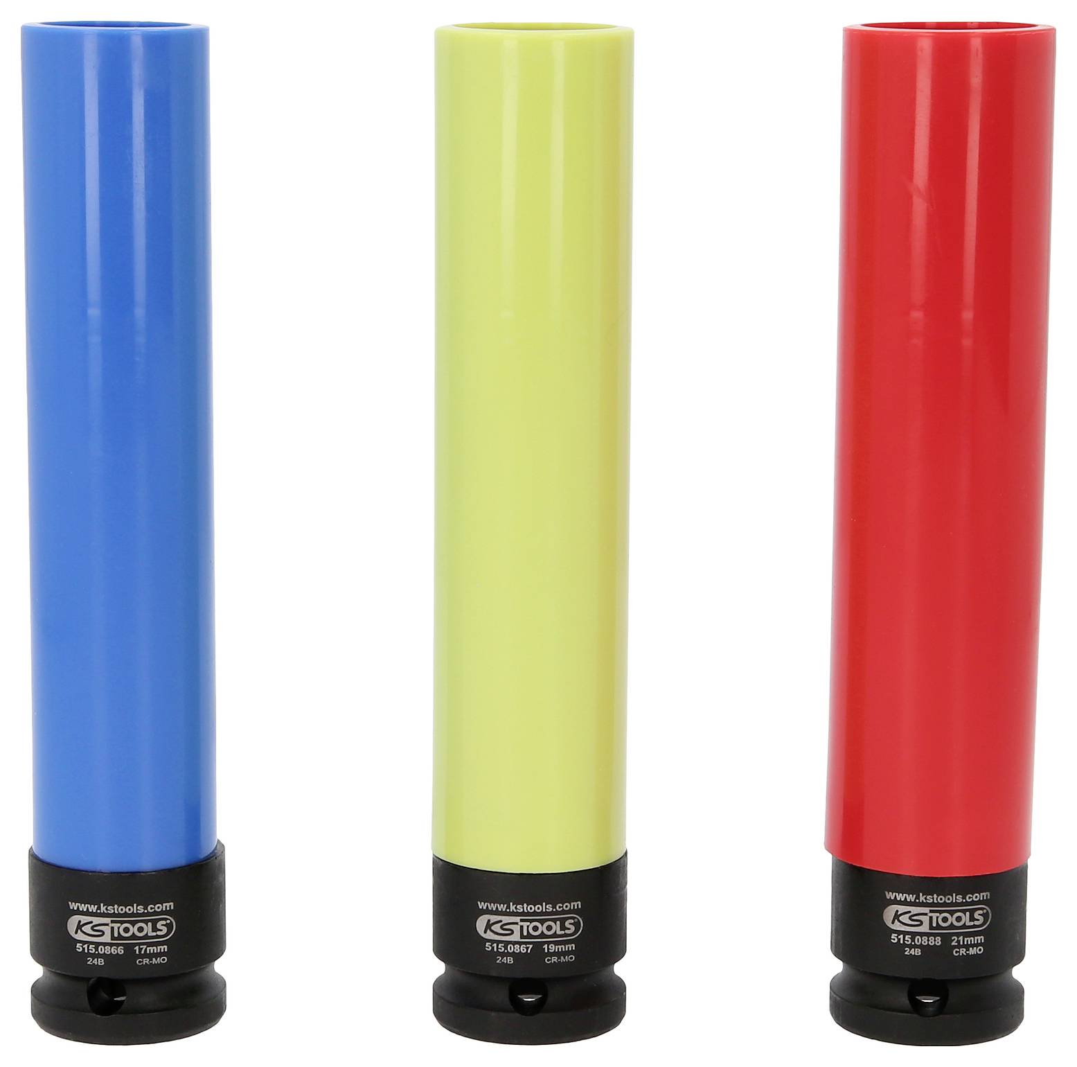 Trzy wtyczki w kolorach niebieskim, żółtym i czerwonym, każda z czarną podstawą, stoją obok siebie. Zostały one opracowane do nakręcania nakrętek.