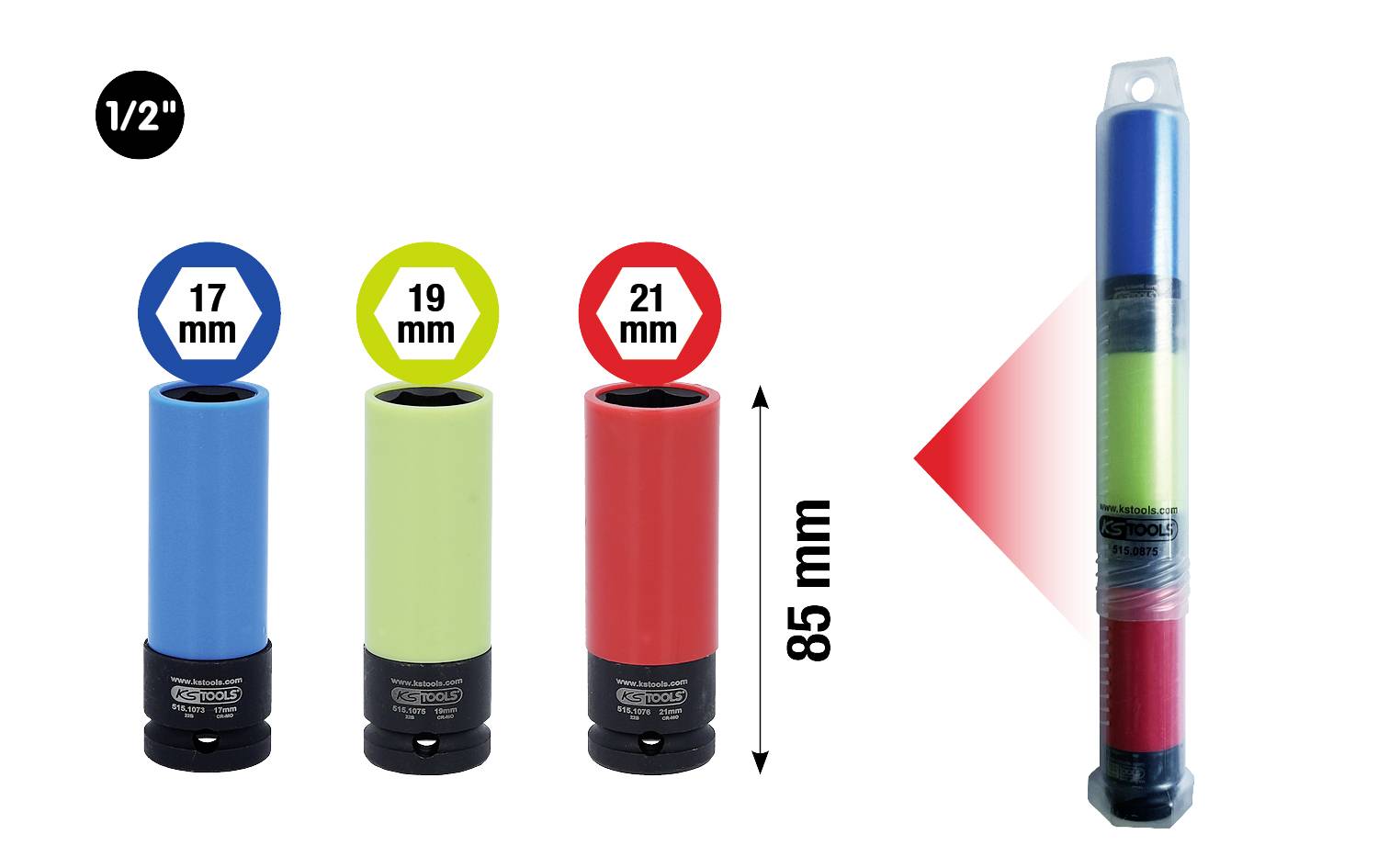 'Trzy wtyczki w kolorach niebieskim, zielonym i czerwonym o rozmiarach 17 mm, 19 mm, 21 mm; wysokość 85 mm. Opakowanie po prawej stronie przedstawia wszystkie trzy kolory.'