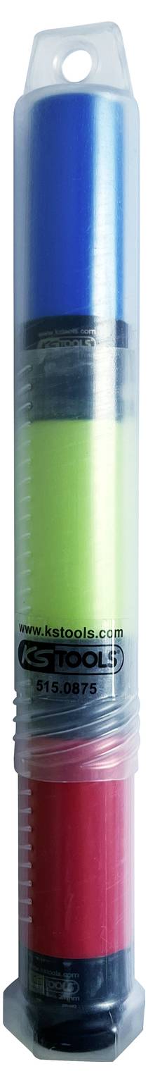 Trzy butelki z niebieskim, zielonym i czerwonym płynem w przezroczystym pojemniku.