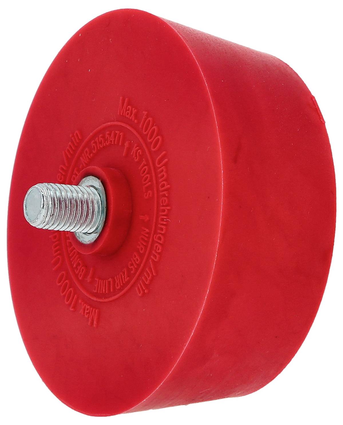 'Czerwona gumowa tarcza z gwintem śrubowym pośrodku, odpowiednia do zastosowań do maksymalnie 1000 obrotów na minutę.'