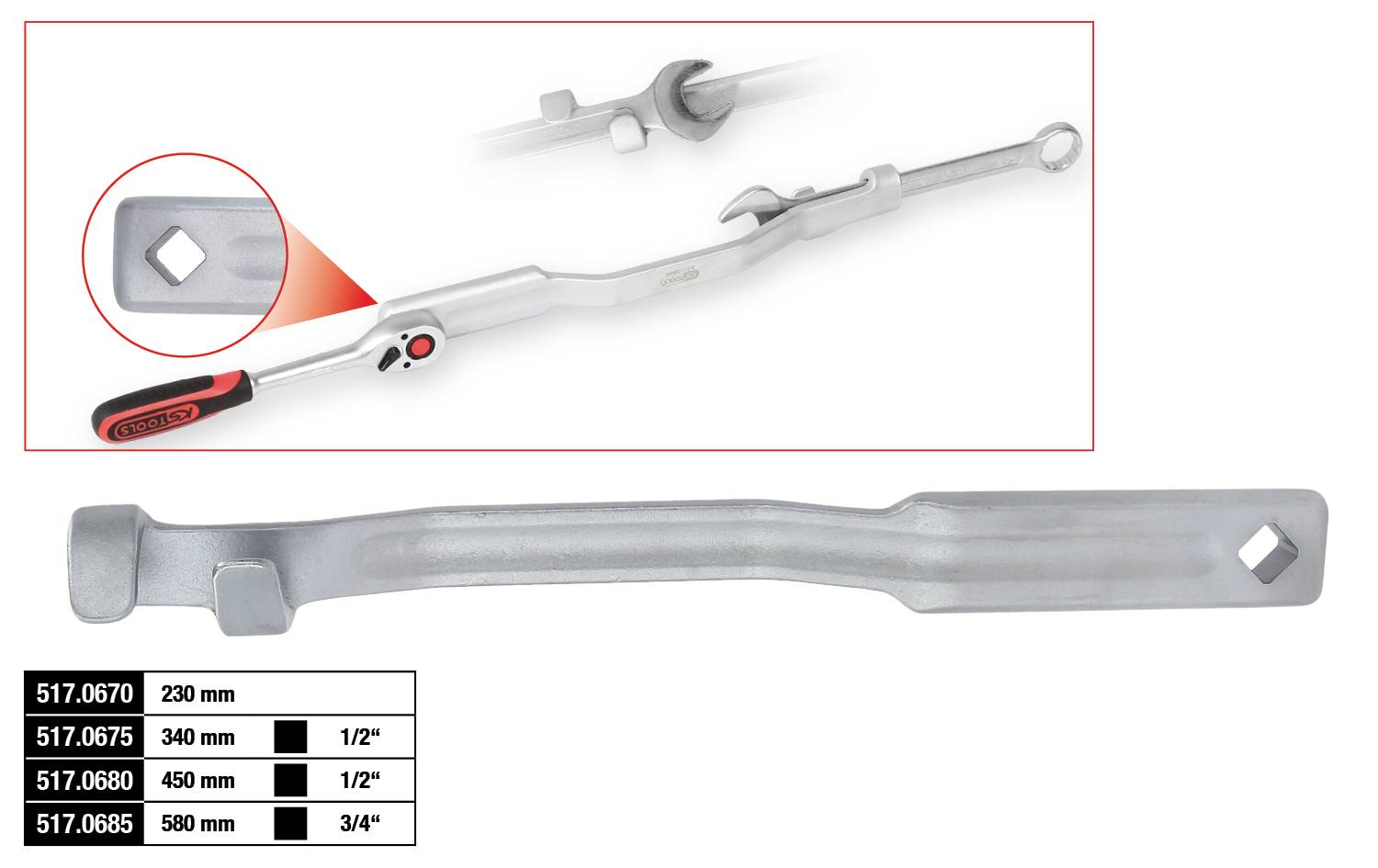 Obraz masywnego narzędzia metalowego z kwadratowym zakończeniem. Dwie oznaczone długości: 340 mm i 450 mm. Tabela przedstawia wymiary.