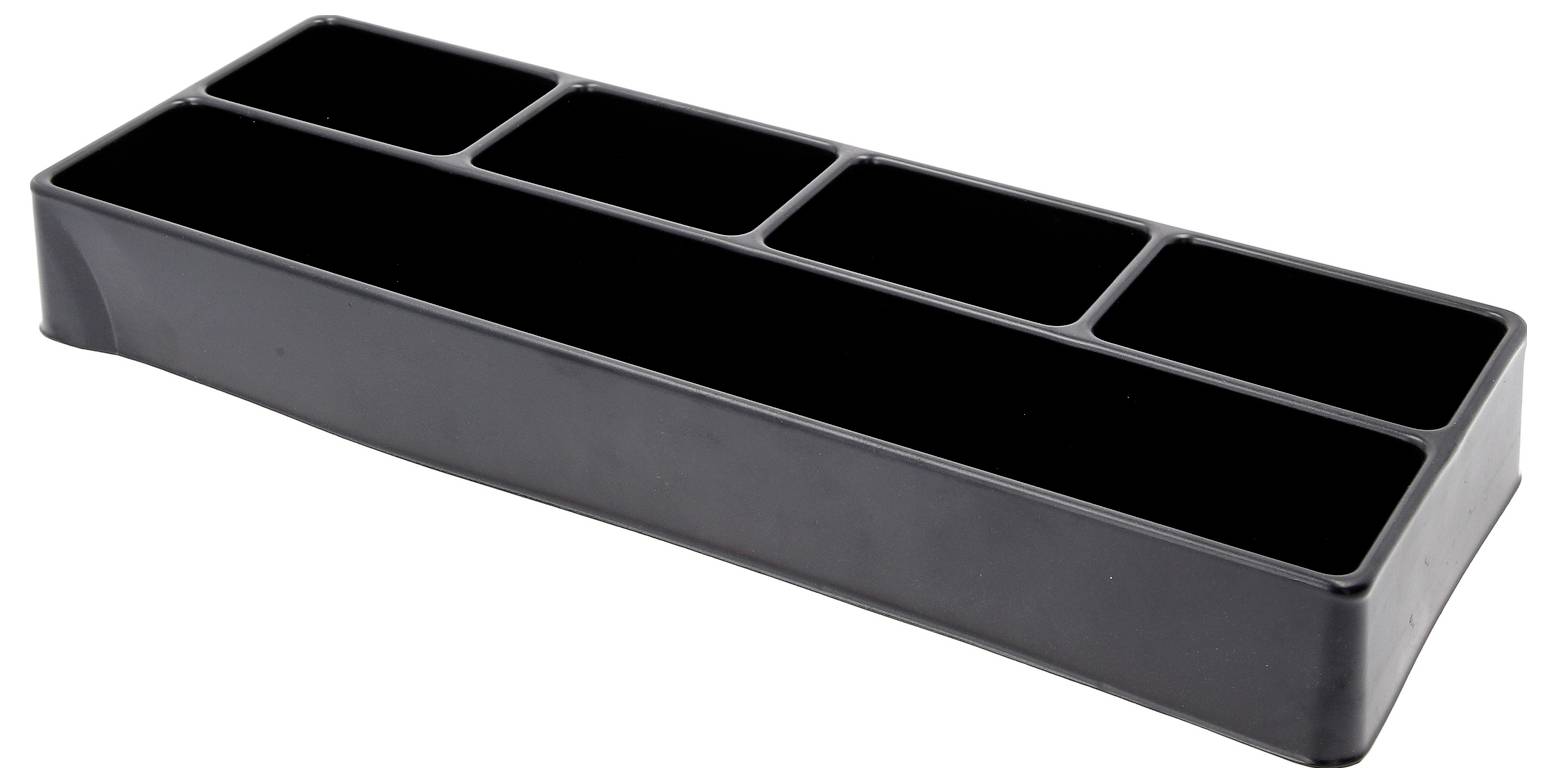 Czarny plastikowy organizer z pięcioma długimi, jednakowymi przegródkami do przechowywania małych przedmiotów.