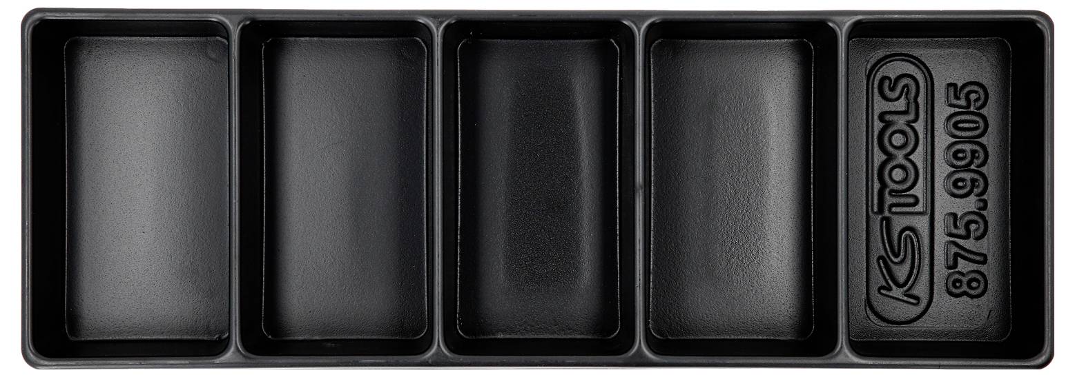 Czarna prostokątna plastikowa skrzynka z pięcioma przegródkami, po prawej stronie opisana napisem 'KS TOOLS 875.9905'.