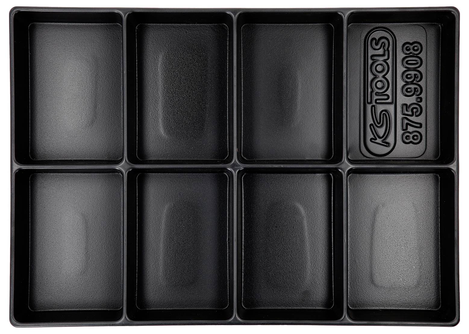 Czarna skrzynka narzędziowa z ośmioma prostokątnymi przegródkami oraz grawerunkiem 'KS Tools 875.9908' w jednej z przegródek.