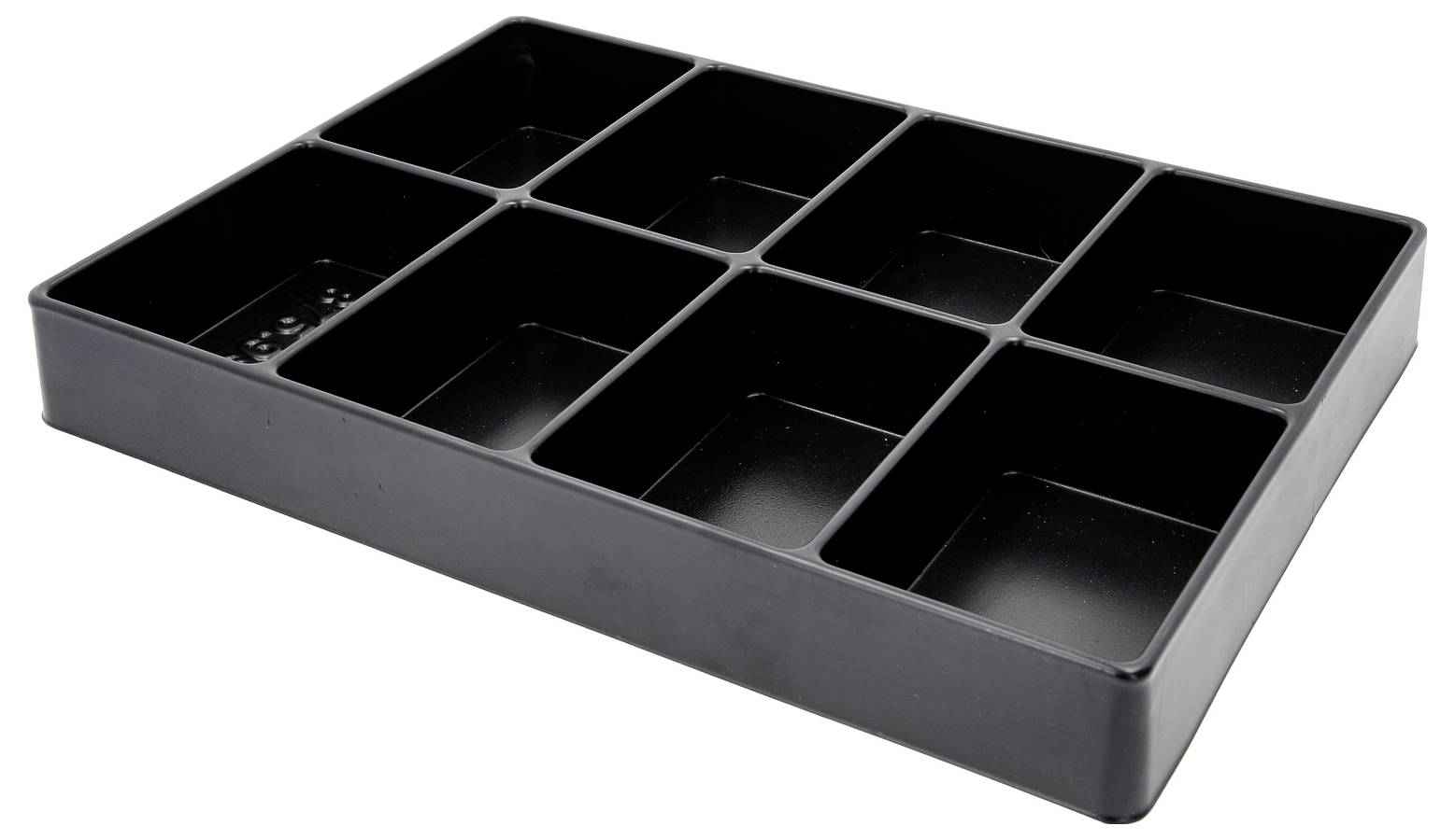 Czarny plastikowy pojemnik z dziesięcioma równymi, prostokątnymi przegródkami do przechowywania lub organizacji przedmiotów.
