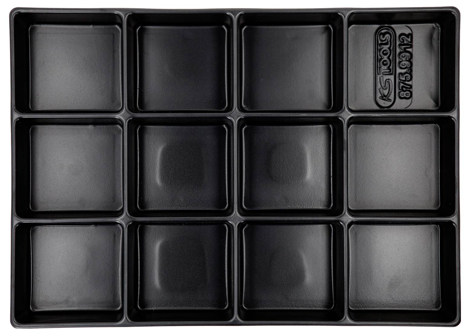 Czarna, prostokątna szuflada organizacyjna z dwunastoma kwadratowymi przegródkami do przechowywania drobnych elementów.