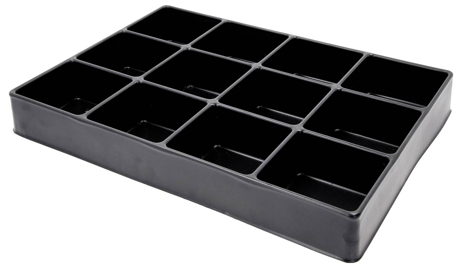 Czarny plastikowy organizer z 12 kwadratowymi przegródkami, przydatny do przechowywania małych przedmiotów lub sortowania materiałów.