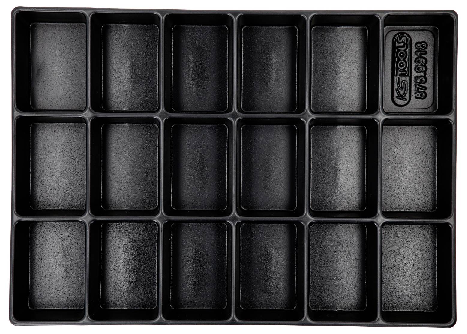 Czarny plastikowy pojemnik na narzędzia z 19 prostokątnymi przegródkami, idealny do przechowywania i organizacji małych narzędzi lub części.