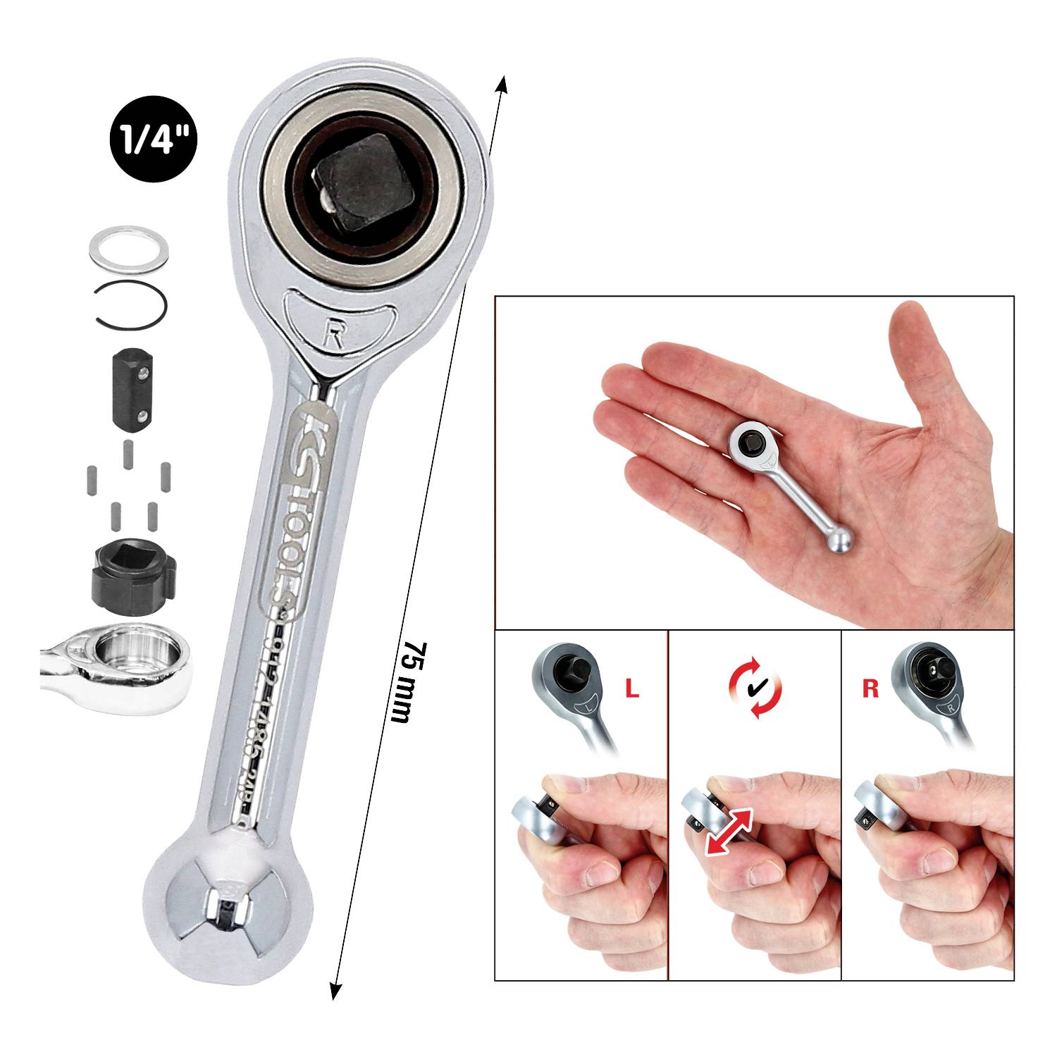 Grzechotka 1/4 cala z oznaczeniem strzałką kierunku ruchu w prawo. Szczegółowe zdjęcia dłoni trzymającej grzechotkę, ilustrujące kierunki obrotu w lewo (L) i w prawo (R).