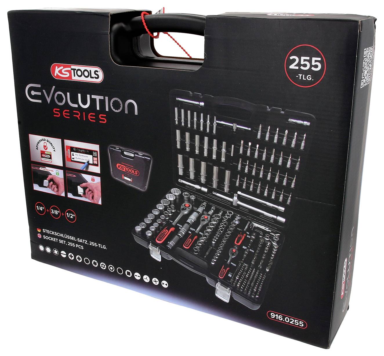 Zestaw kluczy nasadowych serii 'Evolution' firmy KS Tools składający się z 255 elementów. Zestaw prezentuje narzędzia w otwartym etui.