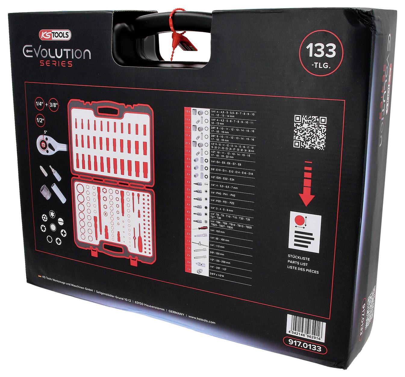 Czarny walizka narzędziowa z czerwonym logo 'KS Tools'. Zawiera 133-elementowy zestaw narzędzi, widoczny na zewnątrz. Kod QR i numer artykułu są widoczne.