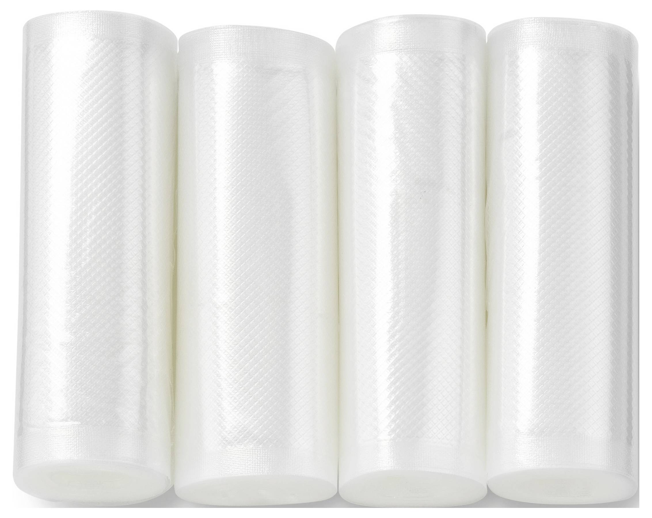 Cztery pionowo stojące, przezroczyste rolki folii spożywczej ułożone obok siebie, z połyskliwym refleksem na powierzchni.