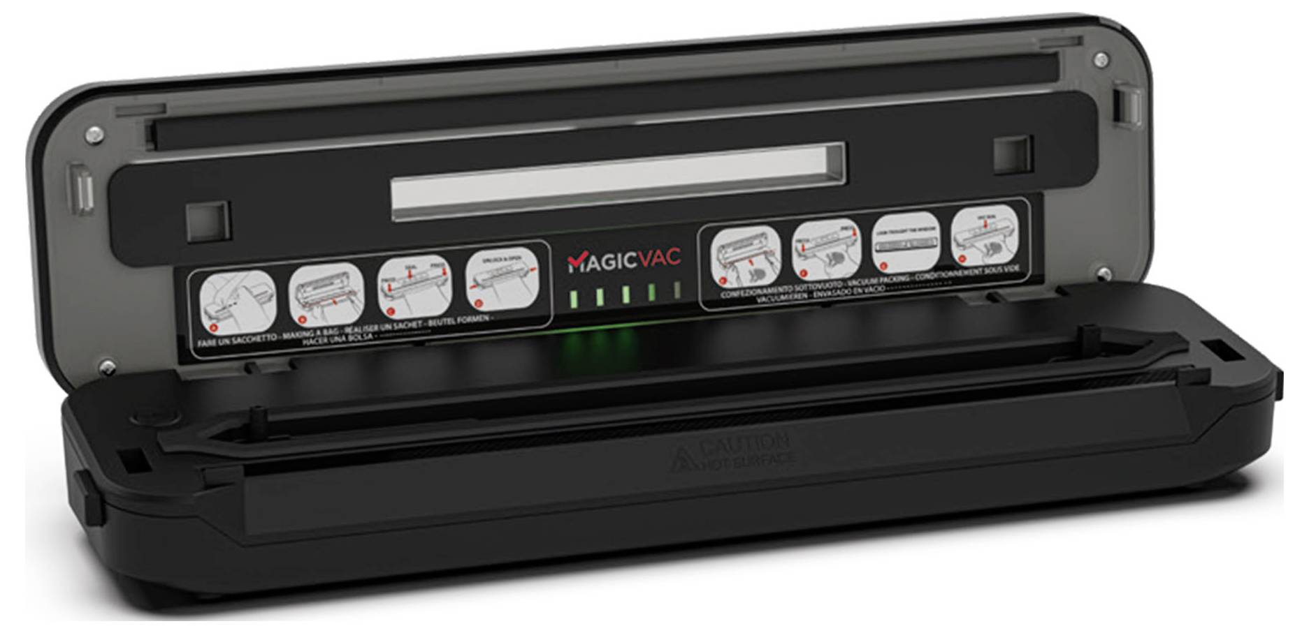 Urządzenie do próżniowego pakowania jest otwarte i gotowe do użycia. Instrukcje znajdują się wewnątrz, a kontrolki LED wskazują aktualny stan pracy.