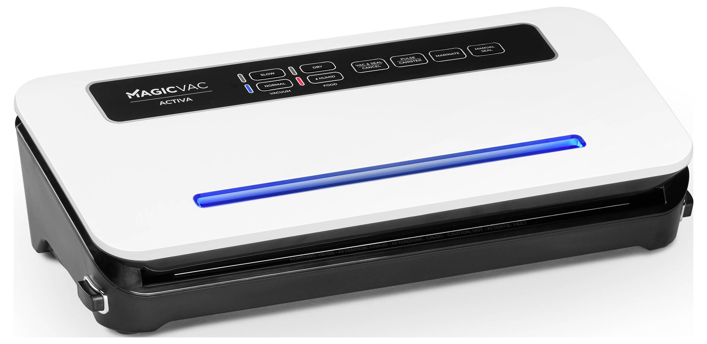 Urządzenie do próżniowego pakowania na białej powierzchni, z świecącą niebieską linią i elementami sterującymi na górnej części.