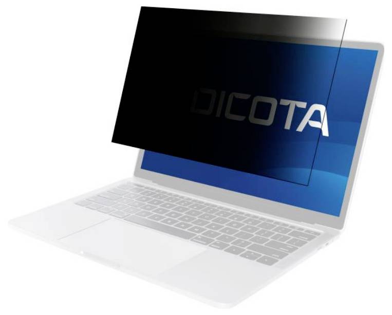 Laptop z filtrem prywatności zaciemniającym ekran, prezentujący logo 'DICOTA'.