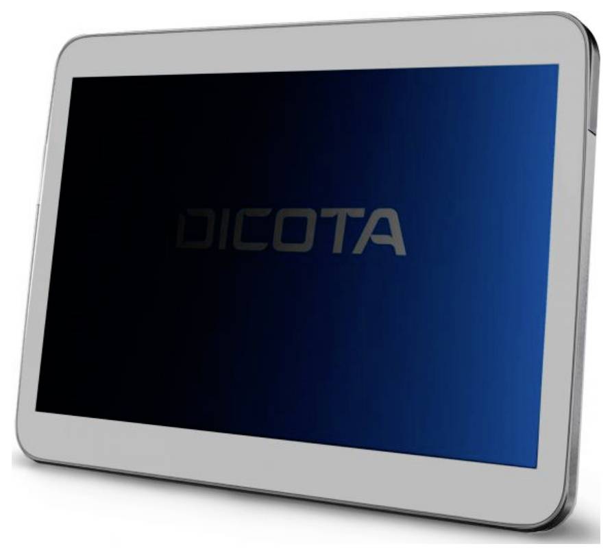 Tablet z niebieskim ekranem, na którym wyświetla się napis 'DICOTA'. Po lewej stronie ekran jest lekko pochylony do przodu.