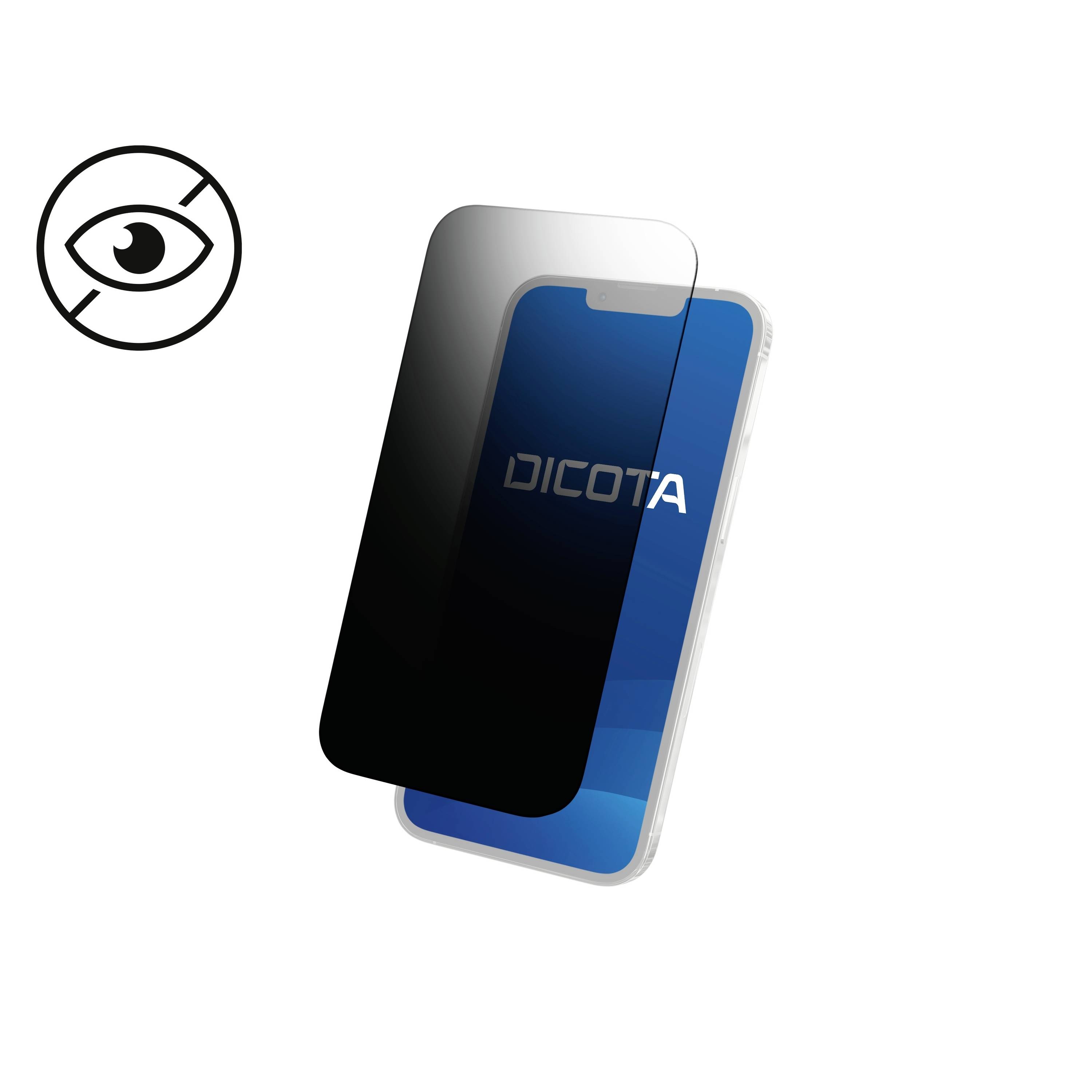 Smartfon z folią chroniącą prywatność, która затемняет ekran, chroniąc przed niepożądanymi spojrzeniami. Logo 'Dicota' widoczne.