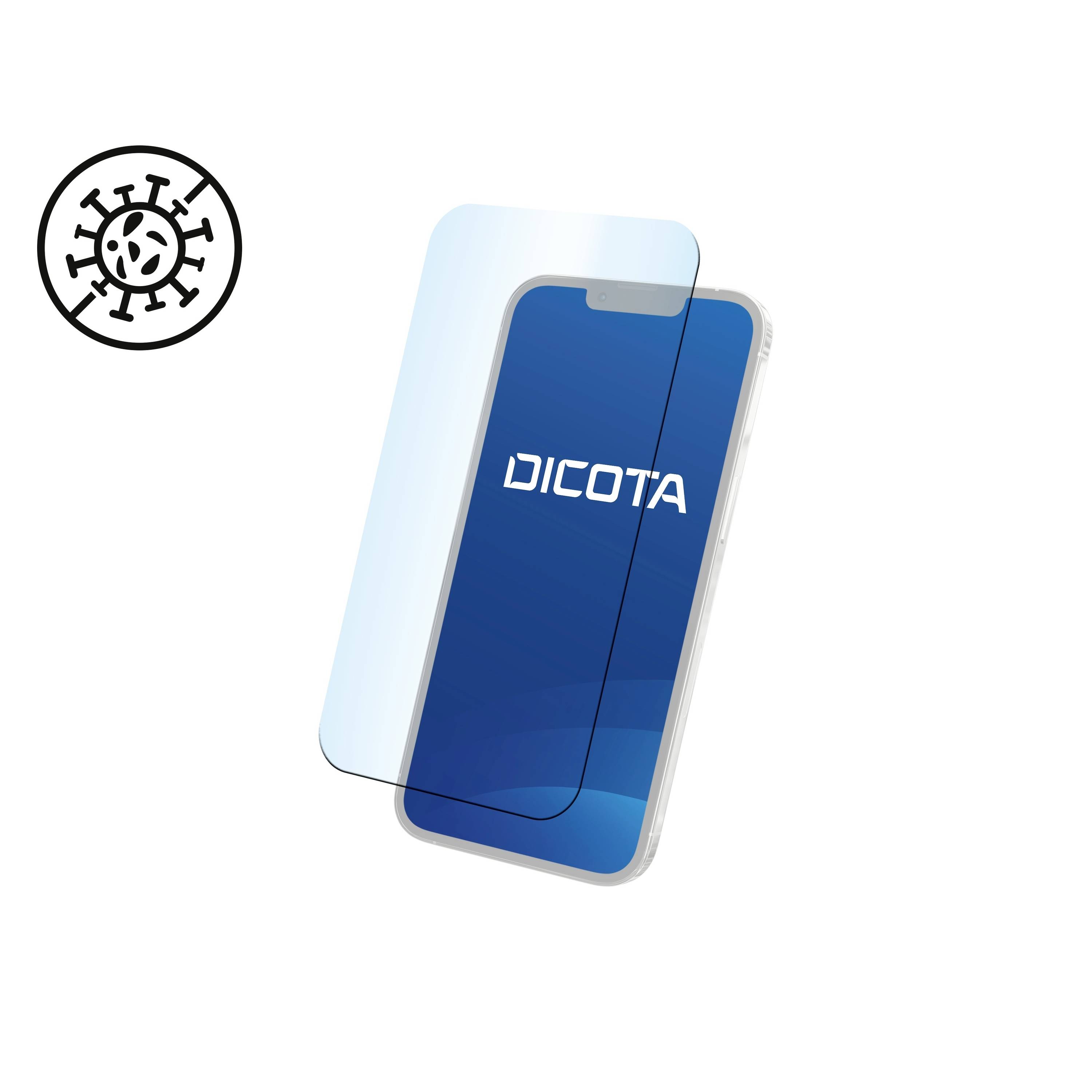 Smartfon z folią ochronną na wyświetlaczu, która posiada właściwości antybakteryjne. Po lewej stronie widoczny jest symbol skuteczności antymikrobowej.