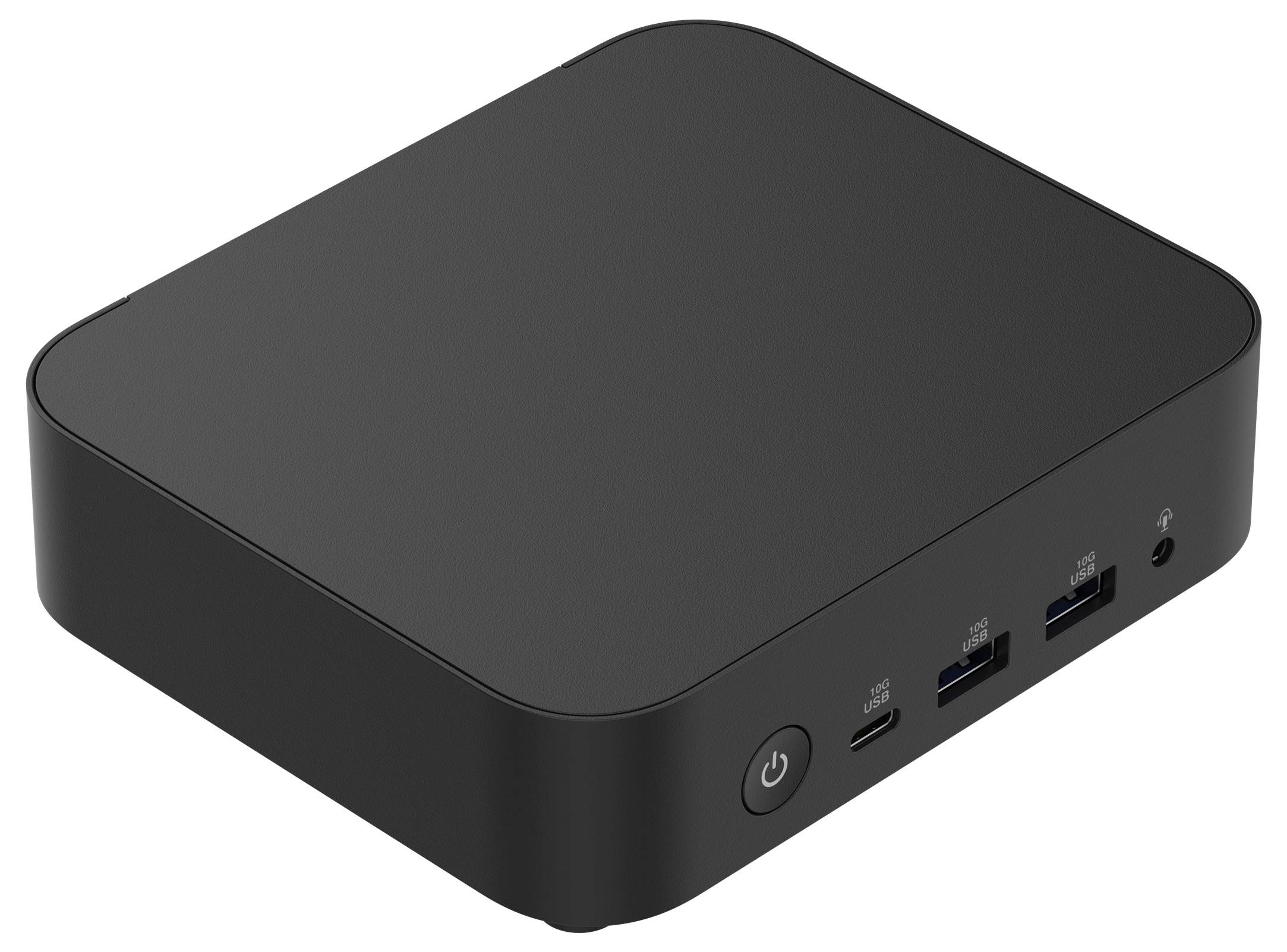 Czarny, prostokątny elektroniczny sprzęt z zaokrąglonymi narożnikami. Posiada złącza USB i przycisk zasilania.