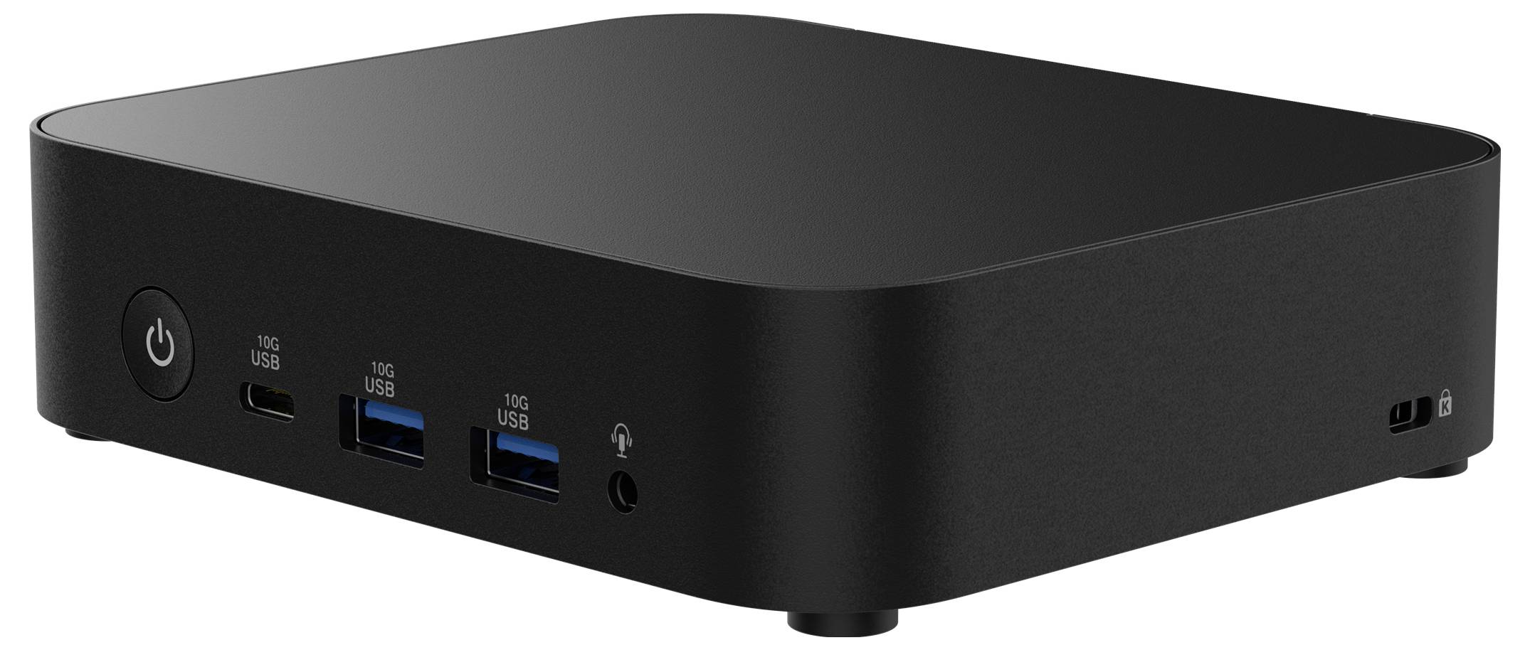 Czarny mini-komputer z dwoma portami USB, gniazdem audio i włącznikiem sieciowym z przodu.