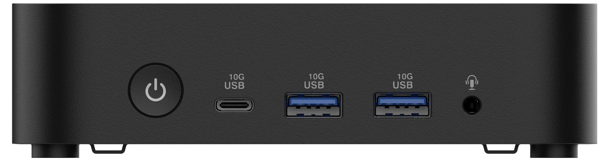 Czarna stacja dokująca z przełącznikiem sieciowym, trzema portami USB (jeden USB-C, dwa USB-A) oraz gniazdem słuchawkowym z przodu.