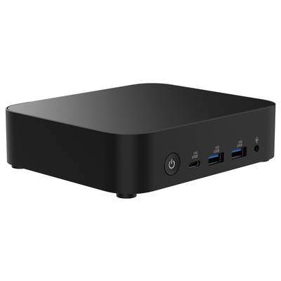 Czarny mini-komputer z wieloma portami USB i włącznikiem sieciowym na przedniej ściance.