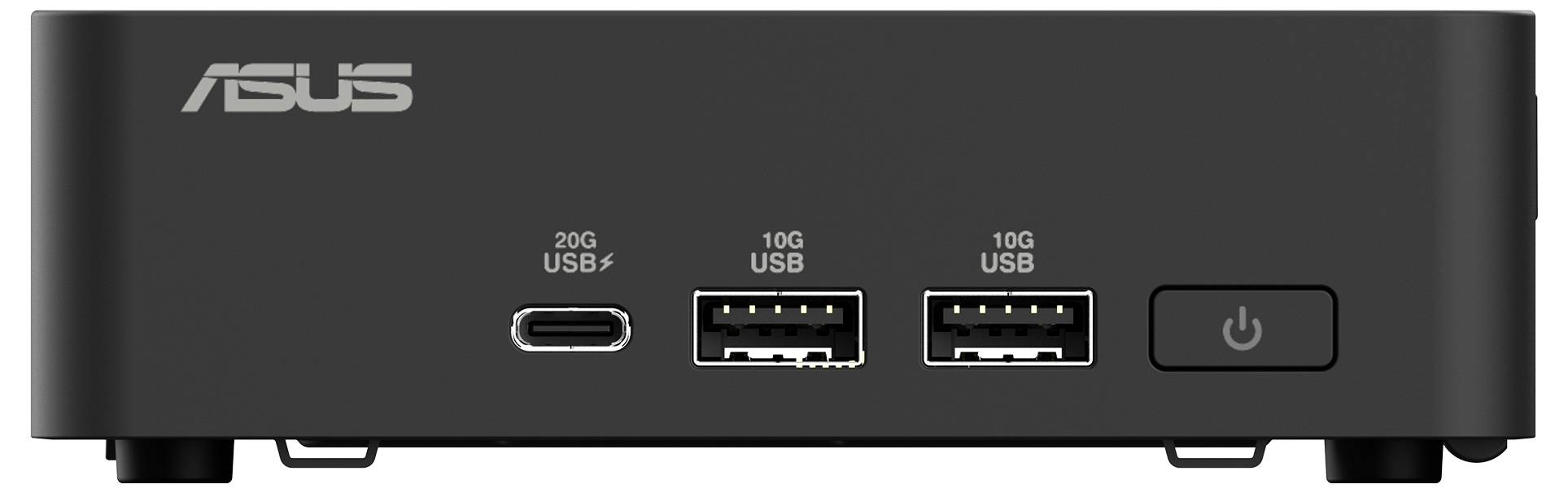 Czarny miniPC ASUS z trzema portami USB (jeden USB-C 20G, dwa USB-A 10G) oraz przyciskiem zasilania na przedniej stronie.