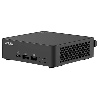 Czarny mini-komputer z logo ASUS i kilkoma portami USB z przodu. Szczeliny wentylacyjne znajdują się z boku.