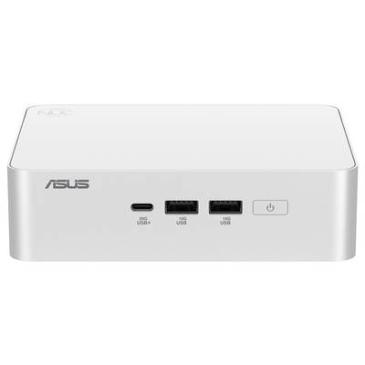 Biały mini-komputer ASUS (NUC) z portami przednimi: jeden port USB-C i dwa porty USB-A. Przycisk zasilania po prawej stronie złączy.