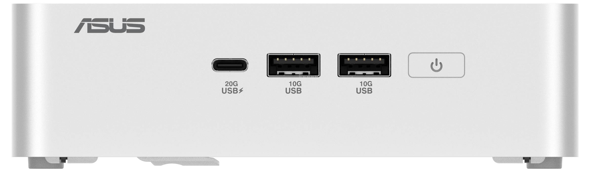 Miniaturowy komputer ASUS, widok z przodu, z dwoma portami USB, jednym portem USB-C oraz przyciskiem zasilania.